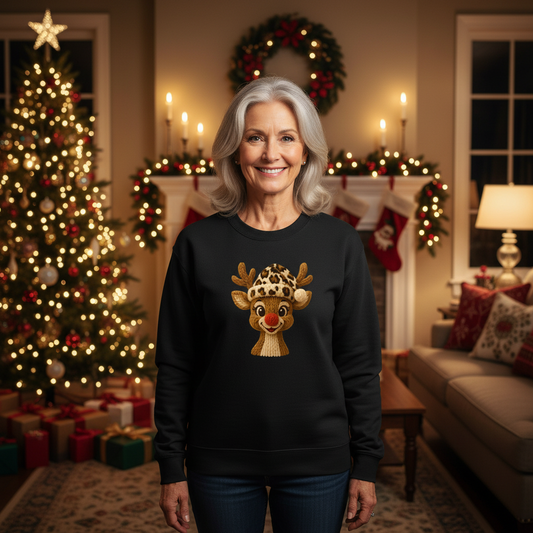 Black sweatshirt with a reindeer design wearing a leopard print hat on a white background