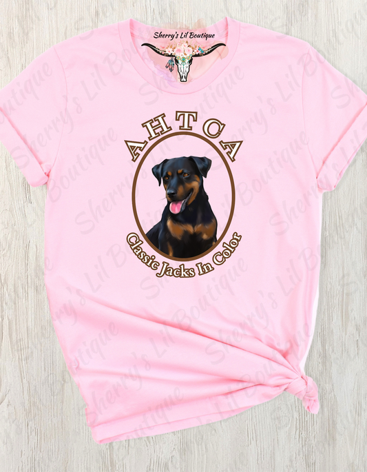 Pink short sleeve tee with AHTCA graphic design