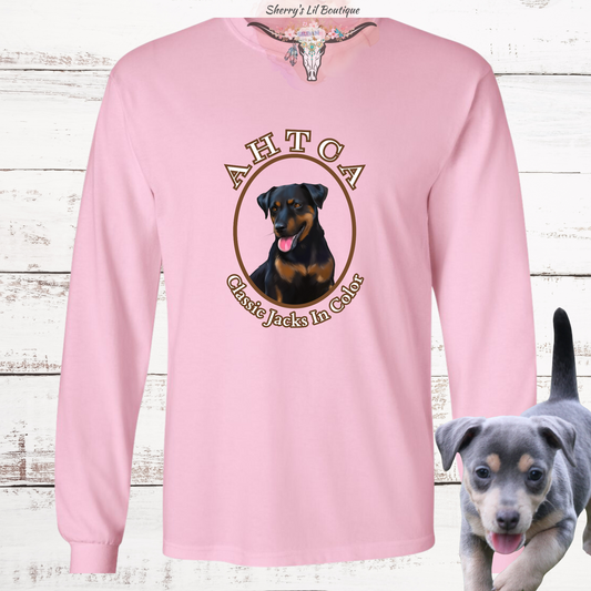 Pink long sleeve tee with AHTCA graphic design
