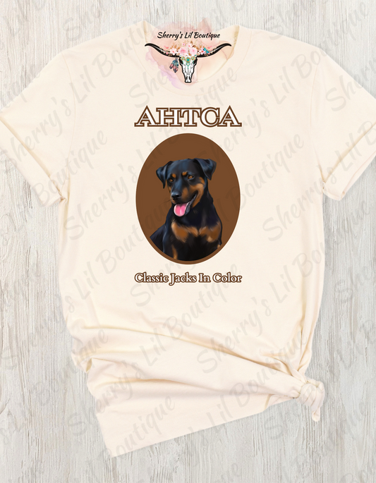 Sand short sleeve tee with AHTCA graphic design