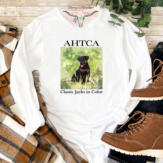 White long sleeve tee with AHTCA graphic design