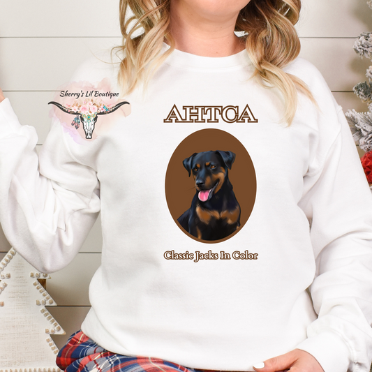 White sweatshirt with AHTCA graphic design