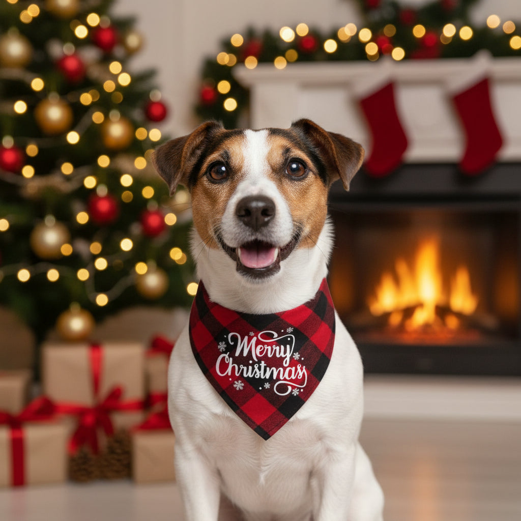 Red and black plaid bandana with 'Merry Christmas' text on a white background