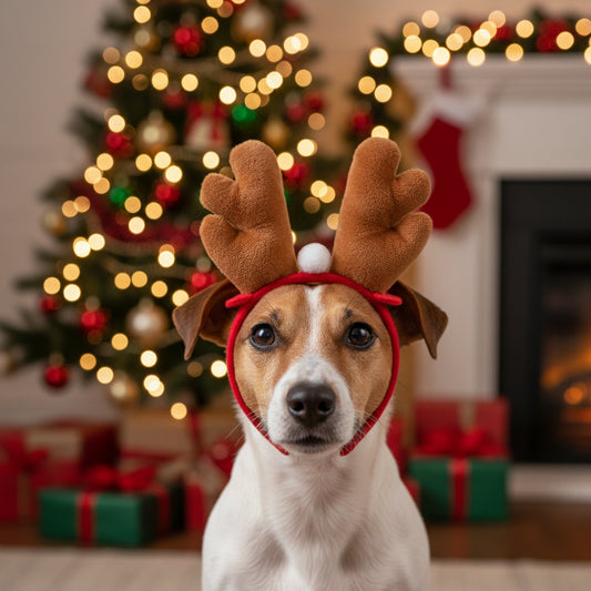 Red nose reindeer mask with brown antlers on a white background